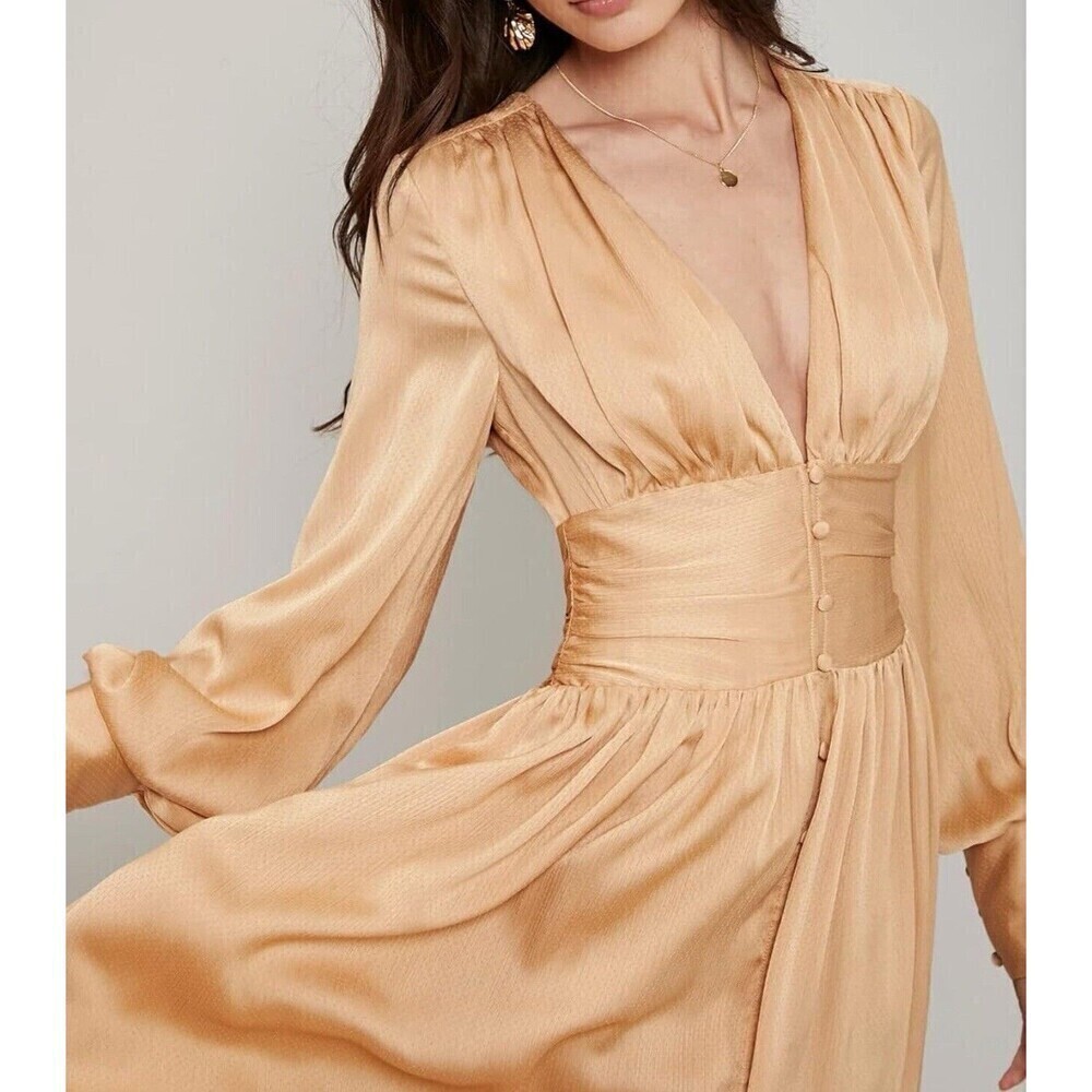 Maxi Dress Modern Ball Women Gowns Gold Casual Romantic Chic Flowy Moft L. — image 4 of 8
